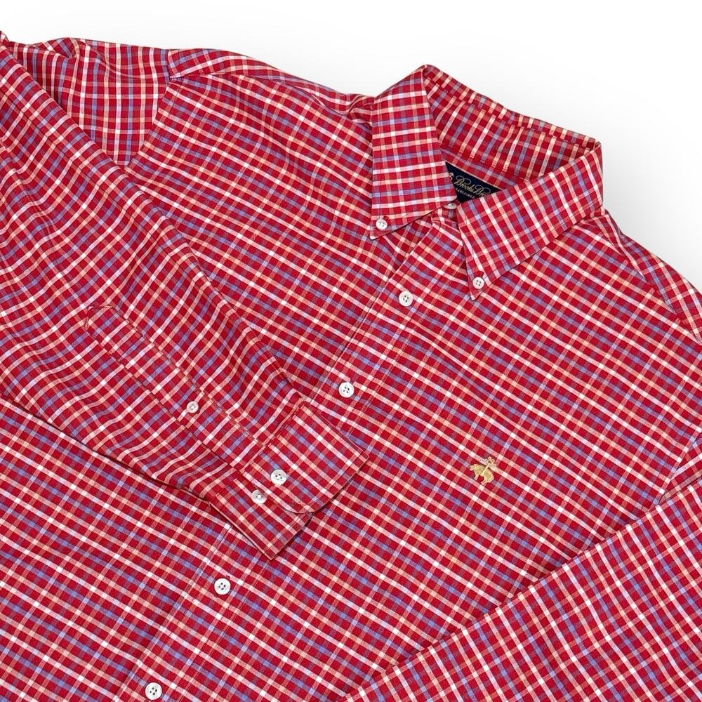 Brooks Brothers Shirt Mens L Non Iron Red Plaid Long Sleeve Supima Cotton Logo